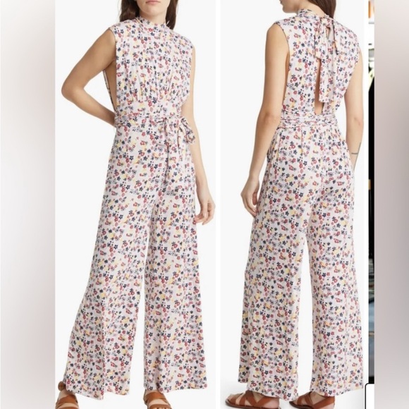 Free People Pants - Free People bohemian Vibe Check One Piece in Tea Ditsy Shell jumpsuit size M NEW
